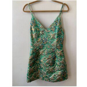 NWT Akira Brocade Green Gold Floral Mini Dress V-neck Fit & Flare Glam